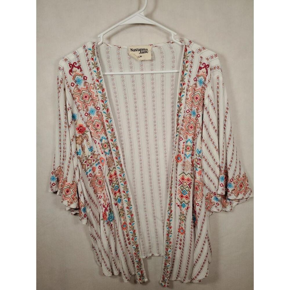 Savanna Jane • Embroidered Floral Aztec Boho Half Sleeve Open Wrap Kimono • S/M